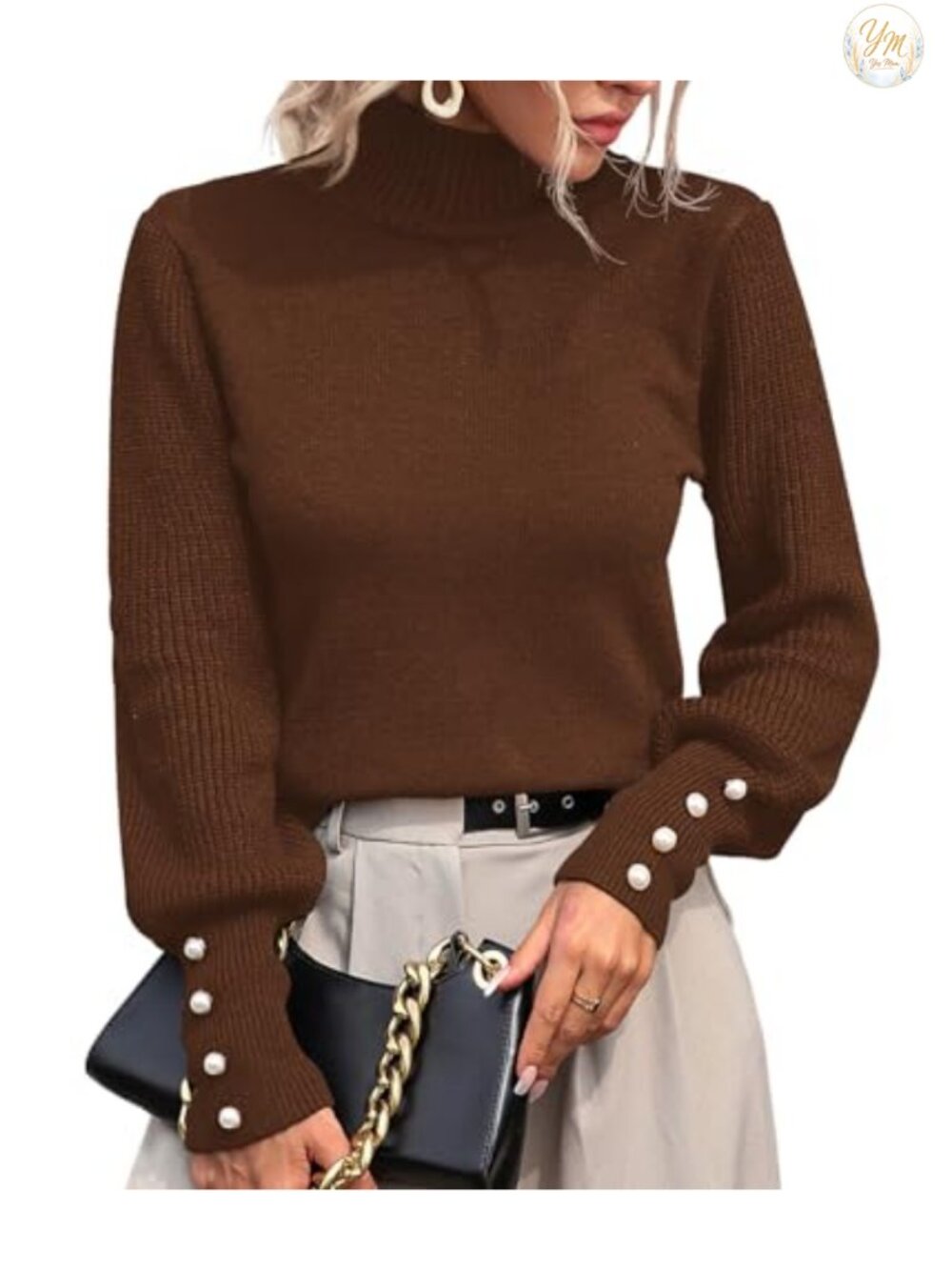 Women's Mock Turtleneck Knit Sweater Long Sleeve Pullover Lantern Sleeve Fall